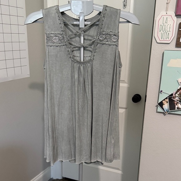 POL Charcoal Lace Accent Tank Top - Picture 1 of 9